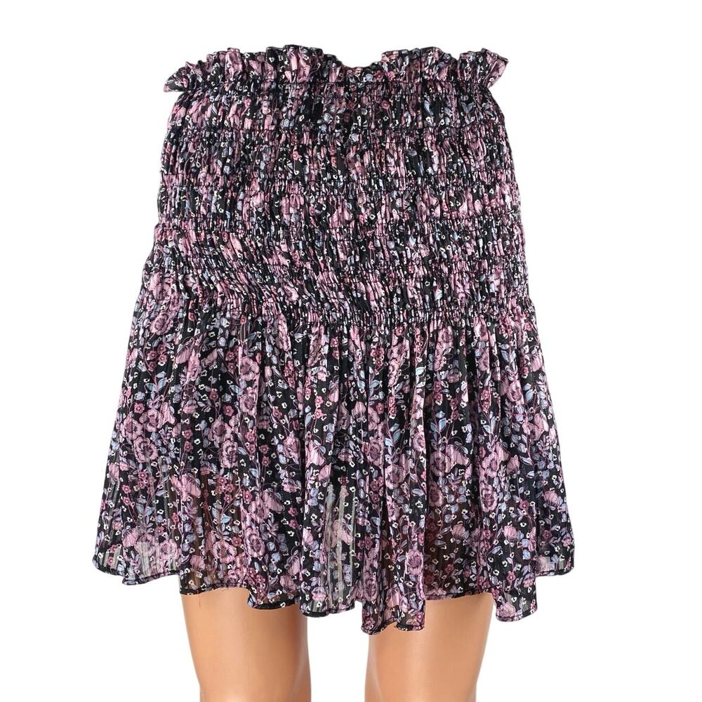 Zara Black Purple Floral Smocked Ruffle Mini A-Line Flared Skirt Skort Size M